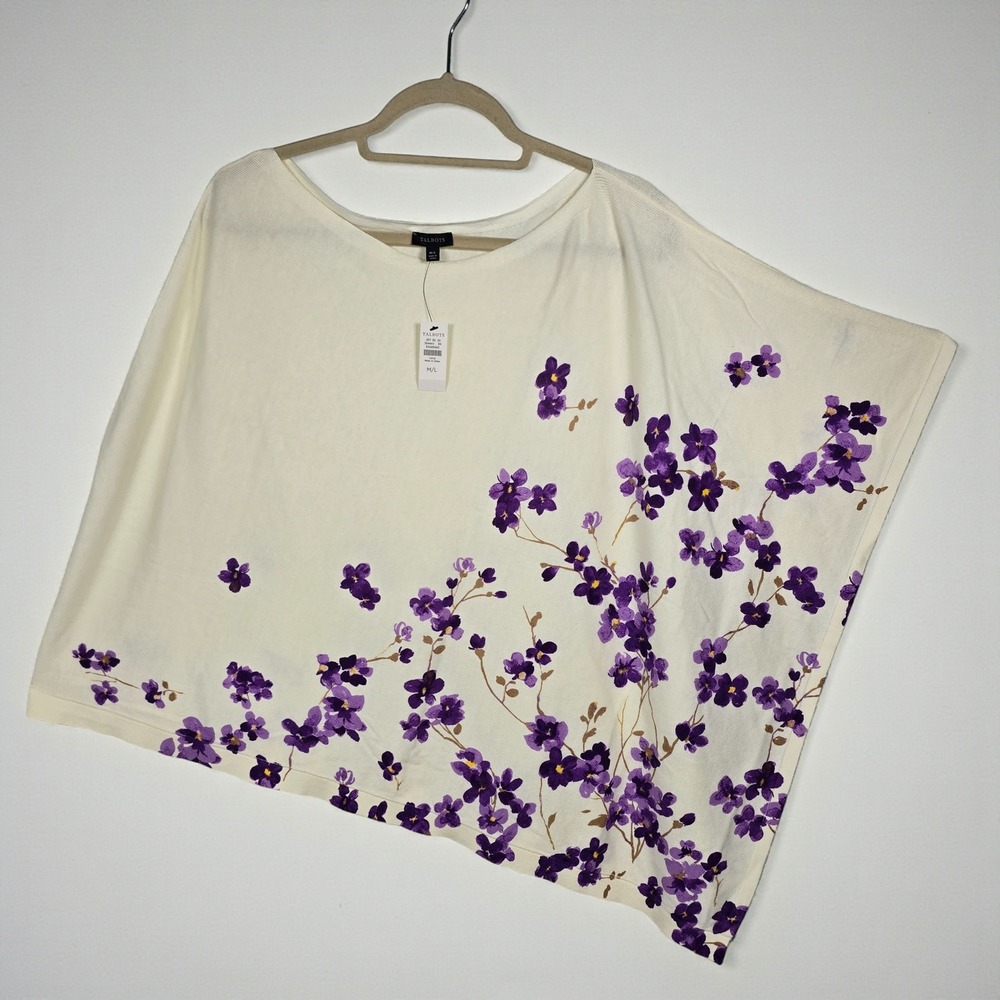 Talbots Cream Purple Floral Chintz Asymmetrical Poncho Knit Top Woman M/L NWT - Picture 1 of 12